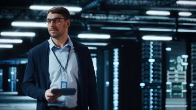 男性IT专家在数据中心的一排操作服务器机架之间行走。工程师使用平板电脑进行维护。云计算、人工智能、网