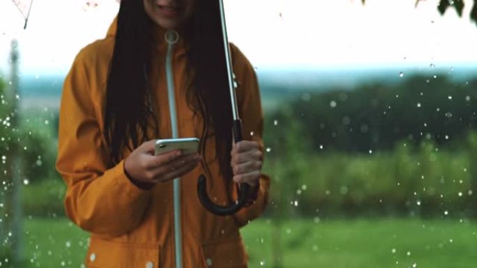 超级SLO MO无法识别的年轻女子在雨中使用智能手机