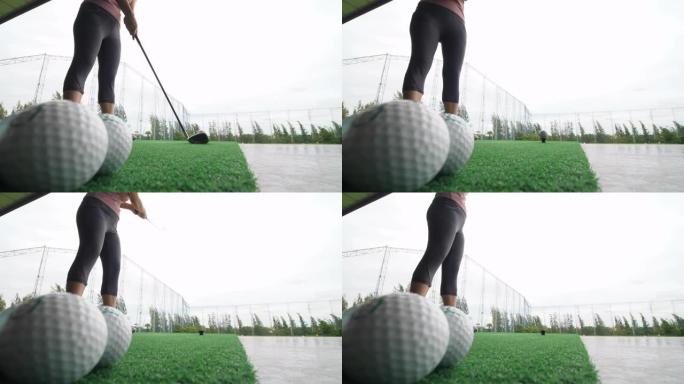 女高尔夫球手开球挥杆特殊视角创意拍摄