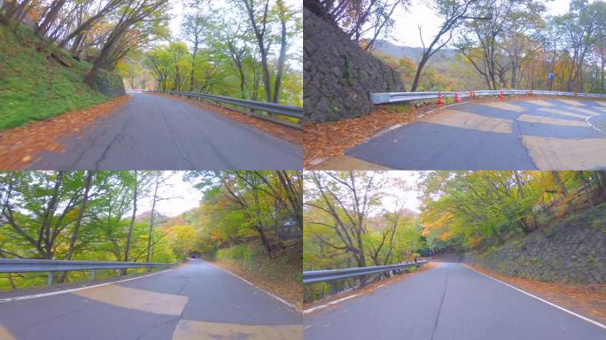 秋天在日本的乡村道路上驾驶汽车