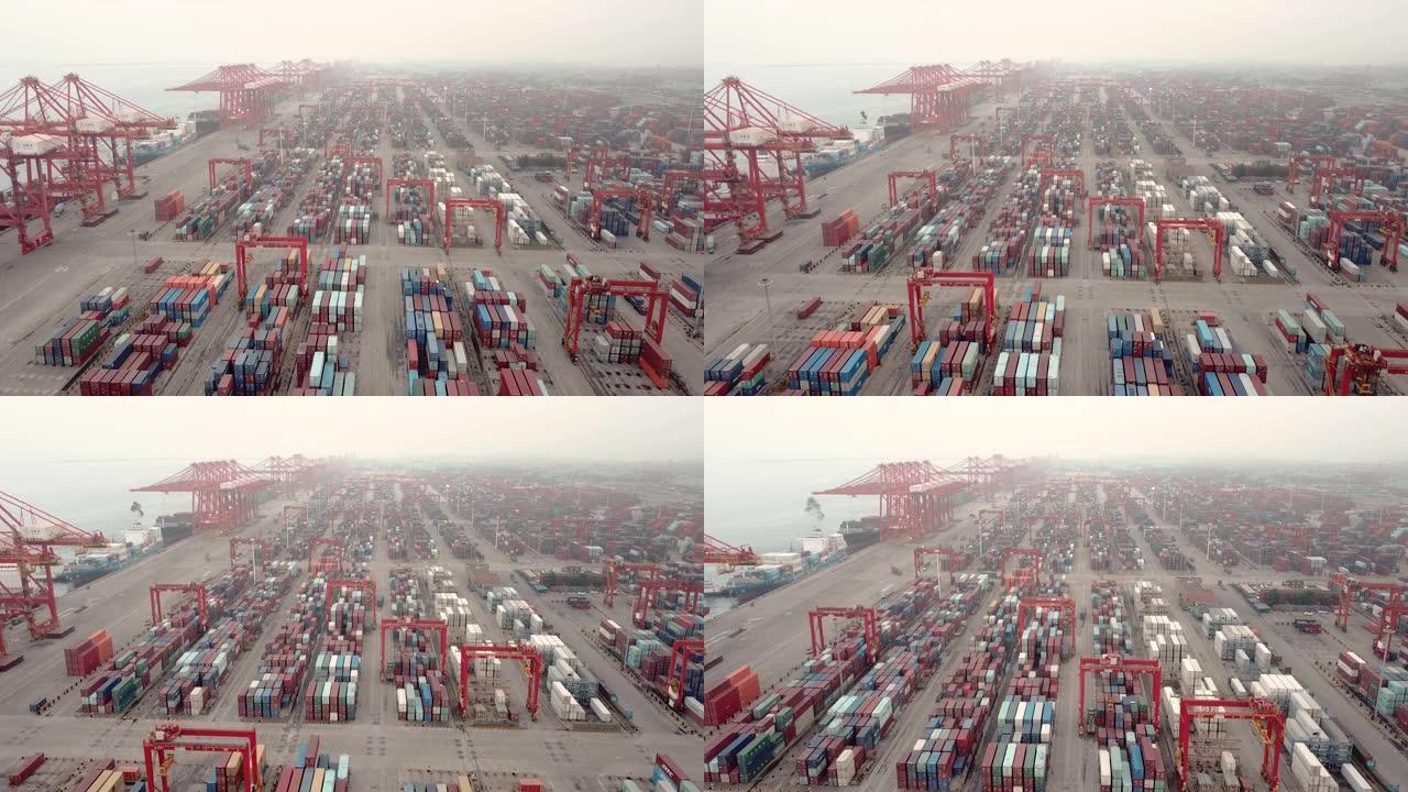 集装箱船繁忙工业港口的无人机视点