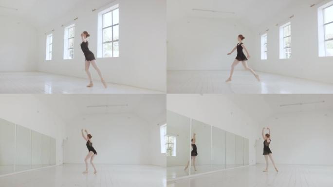 芭蕾舞演员，芭蕾舞演员和分体跳跃表演，在舞蹈工作室用分体跳跃技术训练排练和编舞。优雅、富有创造力的女