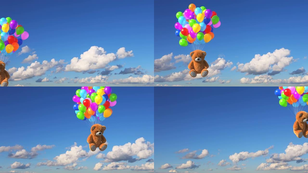 泰迪熊乘彩色气球飞走了