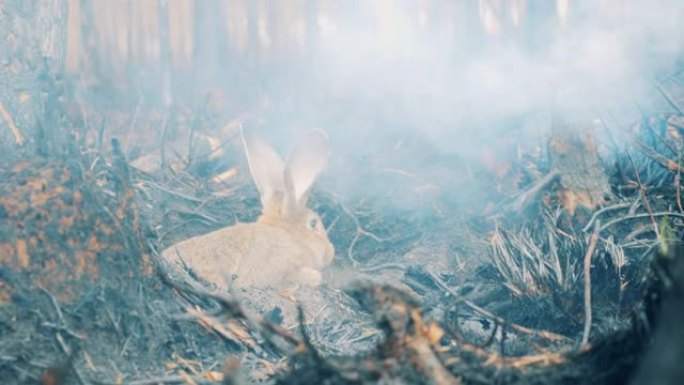 烧毁的森林里有烟和一只兔子