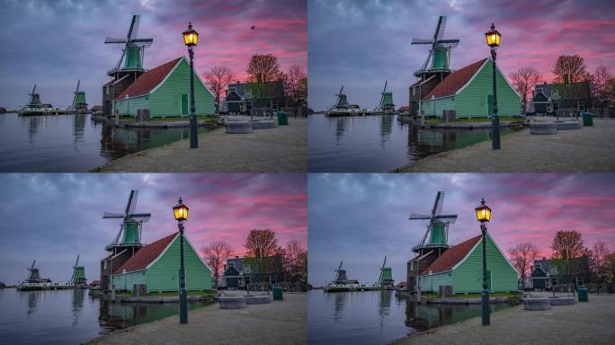 田园诗般的村庄Zaanse Schans在荷兰拥有传统的风车-跟踪镜头