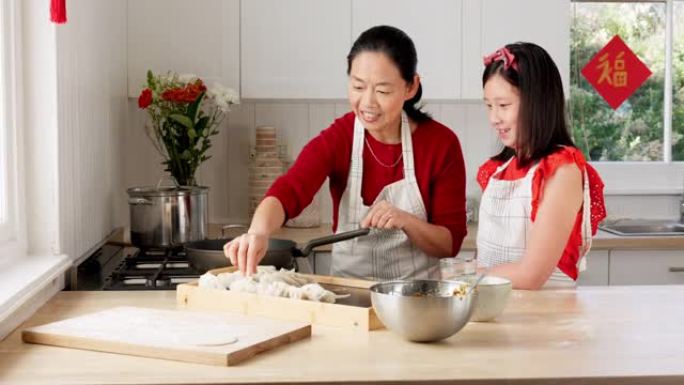 烹饪，学习和亚洲与母亲和女孩在厨房里庆祝中国农历新年。食物，健康和文化与妈妈和孩子在家庭中进行饺子活