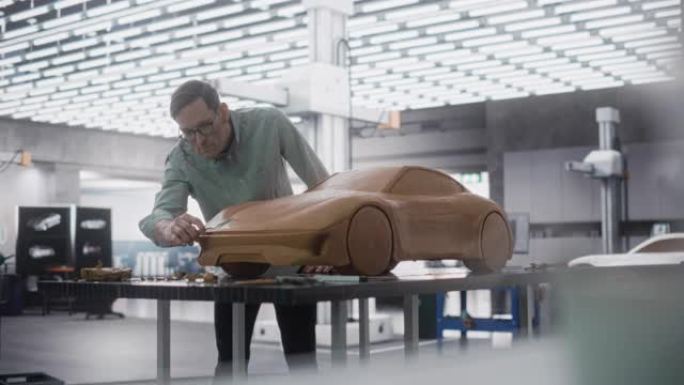 汽车艺术家在他最新的概念车创作中做最后的笔触。设计师正在研究新的原型，雕刻运动型双门轿跑车的工业橡皮