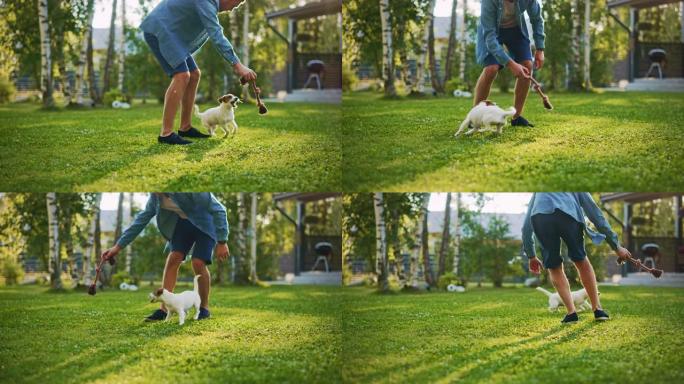 男人和他的杰克罗素梗狗在户外玩耍。他用他最喜欢的玩具抚摸和戏弄他的小狗。田园诗般的避暑别墅。慢动作