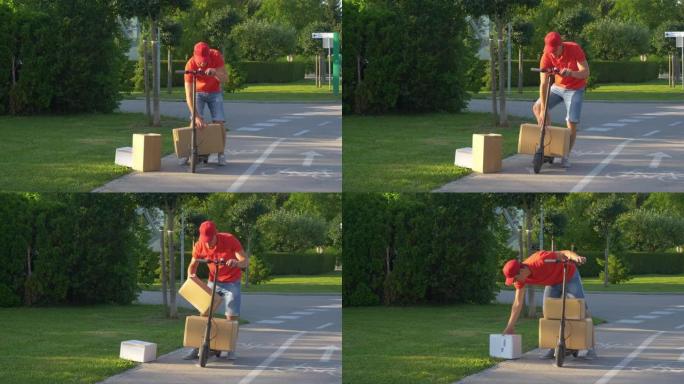 邮递员在运送包裹时将三个盒子放在他的电动踏板车上。