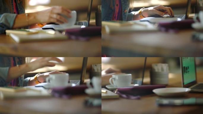 在咖啡馆，咖啡店和餐厅的商务女性，手和笔记本电脑，用于团队合作中的创意创业计划。Zoom，学生和朋友