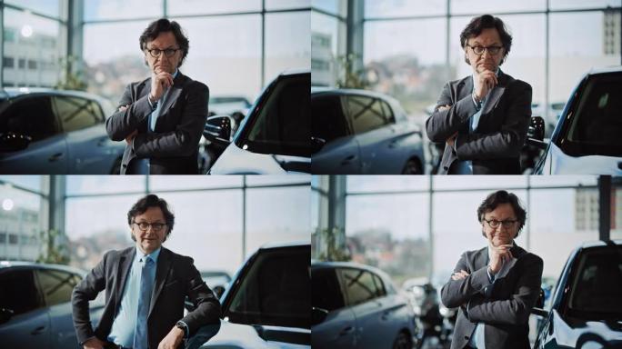 SLO MO成功的汽车推销员在汽车陈列室里用手放在下巴上摆姿势