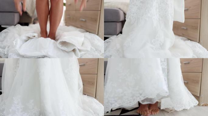 婚礼，新娘准备礼服适合结婚活动的魅力和特殊庆祝活动。白色婚纱女性时尚，优雅时尚的蕾丝线设计。