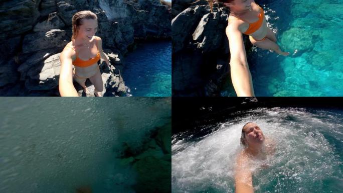 极端年轻的幸福女人悬崖跳入热带蓝色海洋