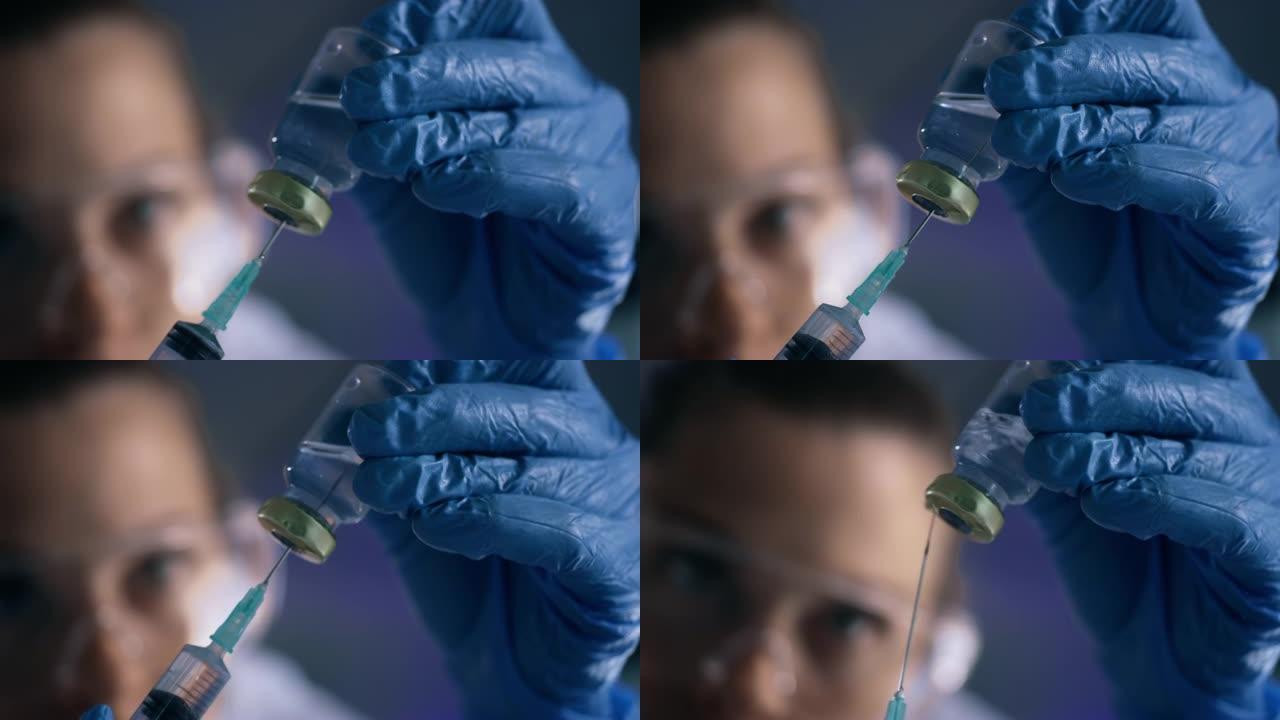 在实验室中使用注射器和小瓶的科学家的4k录像