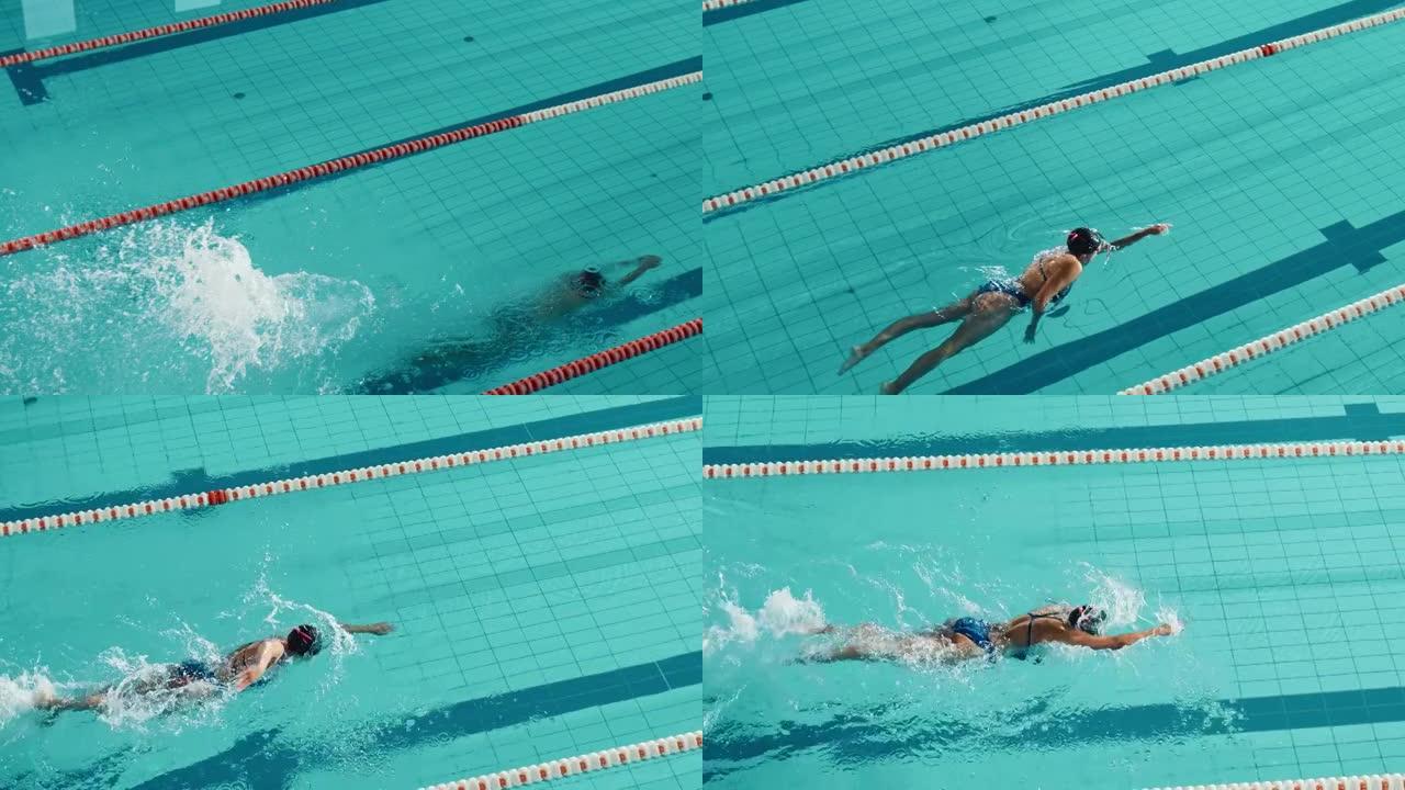 美丽的女游泳运动员潜水，在游泳池游泳。职业运动员决心赢得冠军，使用前爬行，自由泳。具有时尚色彩，艺术