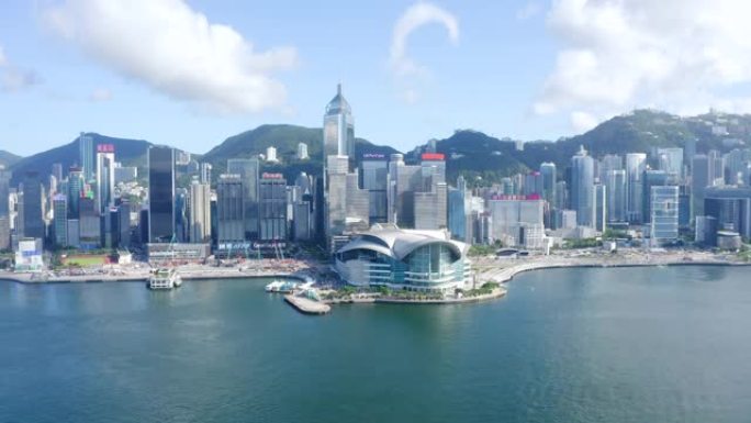 香港维多利亚港及香港岛天际线无人机景观