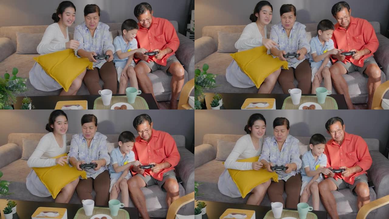 亚洲少年和男孩在家里的客厅教如何玩电子游戏给老年人。