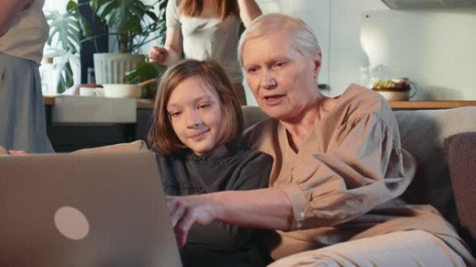 老年人的数字素养快乐的少女教70多岁的老奶奶在家沙发上使用笔记本电脑和互联网。