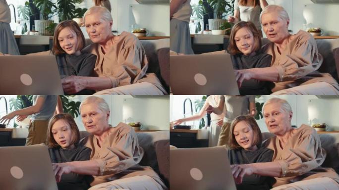 老年人的数字素养快乐的少女教70多岁的老奶奶在家沙发上使用笔记本电脑和互联网。