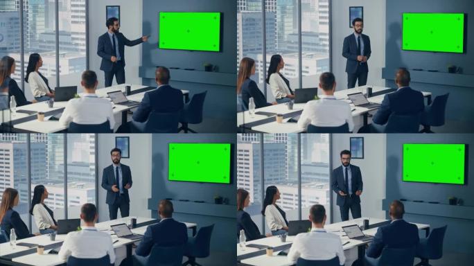 多元化办公室会议室会议: 男项目经理使用绿屏色键墙电视为投资团队展示投资机会。电子商务产品战略。中宽