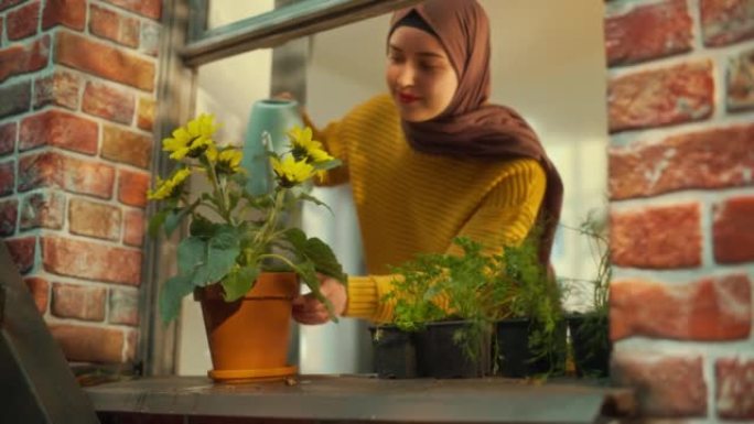 年轻的穆斯林女性在一栋旧褐砂石房屋的时尚公寓里的窗台上浇灌盆栽和鲜花。有爱心的女孩在温暖的夏日里让她