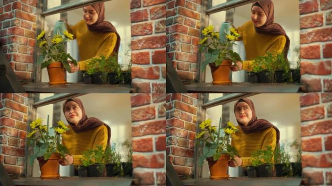 年轻的穆斯林女性在一栋旧褐砂石房屋的时尚公寓里的窗台上浇灌盆栽和鲜花。有爱心的女孩在温暖的夏日里让她