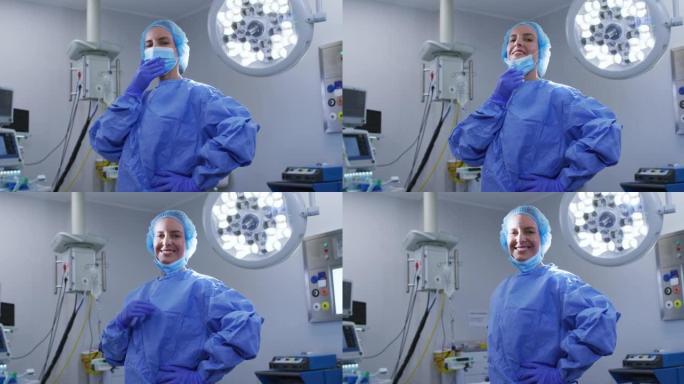 医院里戴着口罩和防护服的白人女性外科医生的肖像