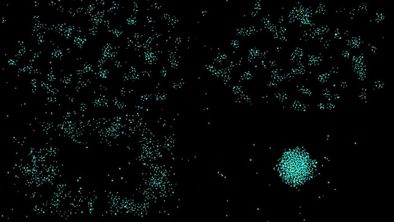 浅蓝色粒子收集在带有复制空间的黑色背景上的球体中