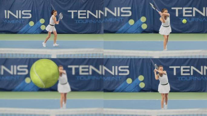 体育电视女子网球锦标赛上有3D特效球。女子网球运动员用球拍发球，球飞入屏幕。直播网络频道电视。VFX