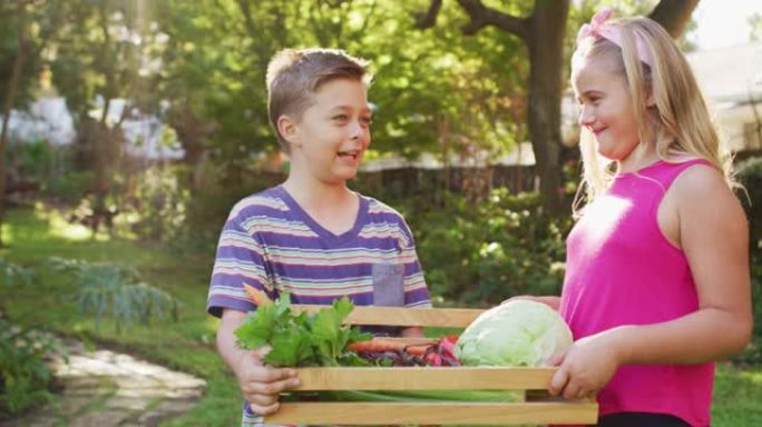 快乐的高加索兄弟姐妹站在花园里拿着一盒蔬菜，微笑着