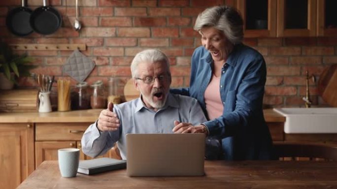 喜出望外的爱心老年夫妇庆祝网上成功。