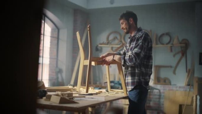 年轻快乐的木匠组装木椅的零件。专业家具设计师在阁楼空间的车间工作，墙壁上有工具。