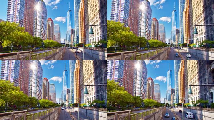 曼哈顿金融区。自由塔或世界贸易中心。曼哈顿办事处和公司。商。路。车。