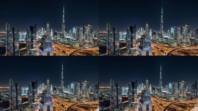 阿联酋迪拜夜间/迪拜天际线的T/L ZO鸟瞰图