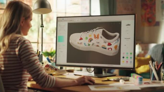 进步的青少年女性设计师在她的专业台式电脑上制作3D鞋时选择颜色和图案。女人在CAD程序中创建，设计新