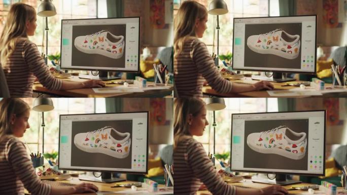 进步的青少年女性设计师在她的专业台式电脑上制作3D鞋时选择颜色和图案。女人在CAD程序中创建，设计新