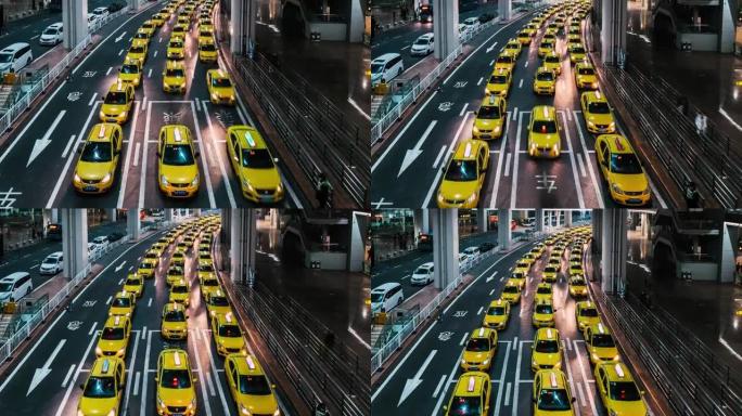 T/L TU晚上在机场出口繁忙的黄色出租车排队