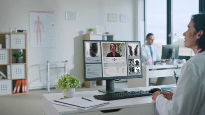 女性专业医生正在使用网络摄像头通过台式计算机与一名女性进行在线约会。经验丰富的医护人员进行诊断，共享