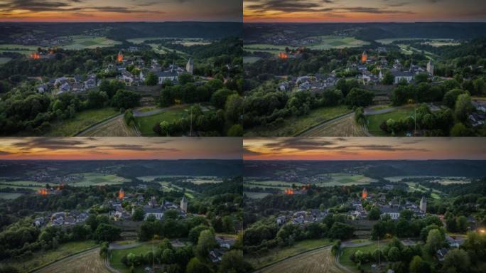 黄昏时德国中世纪小镇布兰肯伯格的乡村景观-空中拍摄