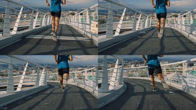 男子，腿或在城市桥上跑步，用于医疗保健，心脏病学力量或慢动作马拉松训练。波士顿市运动和速度目标中的运