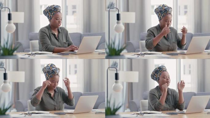 4k视频片段，一名年轻女子在家里用笔记本电脑工作时努力集中注意力