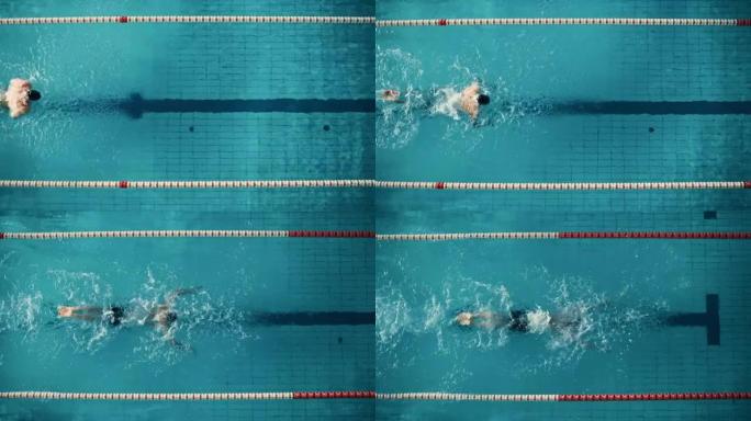 空中俯视图男游泳运动员在游泳池游泳。专业运动员为冠军进行训练，运用蝶泳技术，努力和取胜的决心。电影范