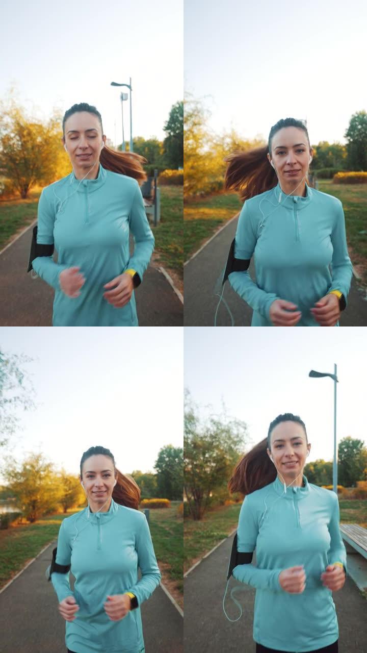 公园里一名运动型女性慢跑的肖像。