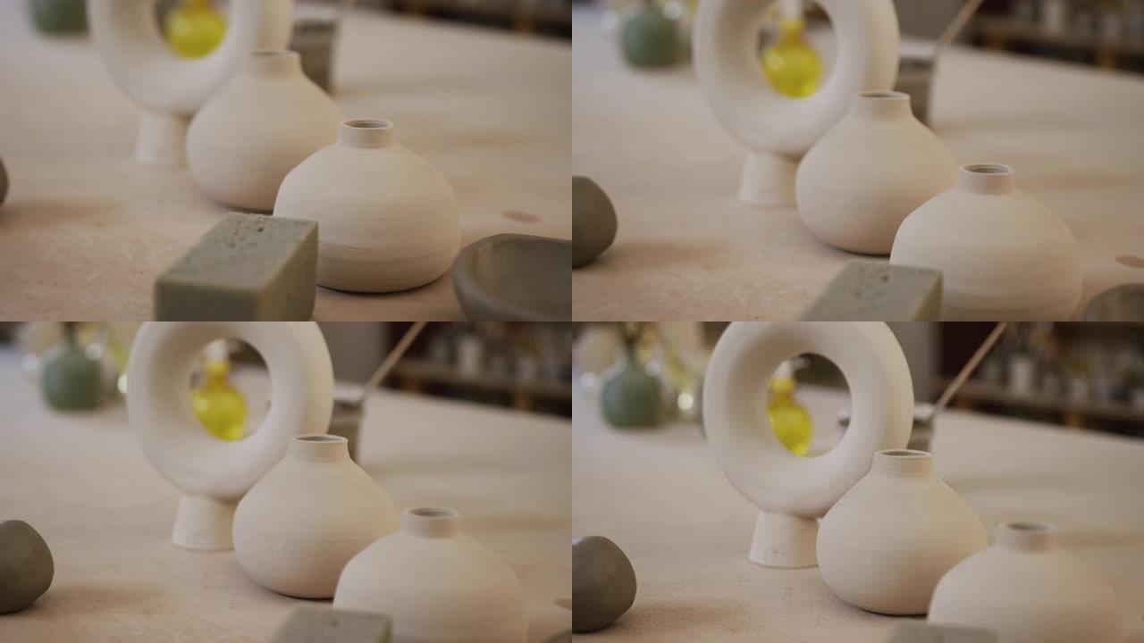 陶器工作室的各种手工陶器视图
