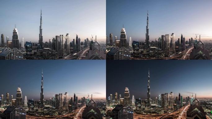 迪拜天际线的T/L ZO鸟瞰图，昼夜过渡/阿联酋迪拜