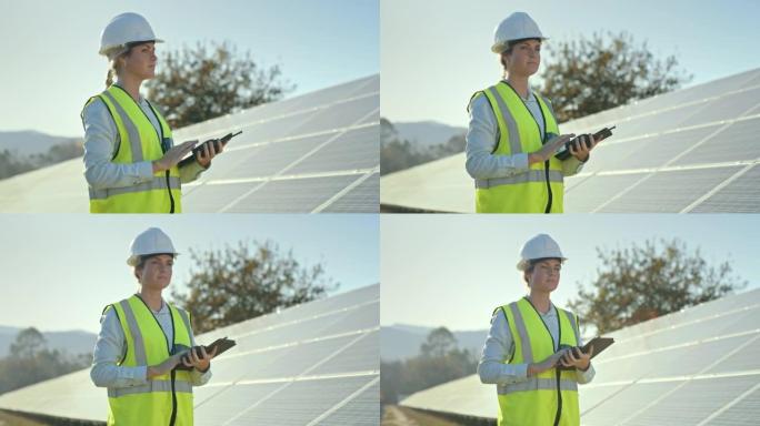 太阳能电池板，平板电脑和工程师女性节能，农业可持续发展解决方案或可再生能源安装。可持续工业中清洁能源