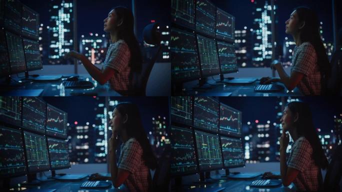 一位金融分析师在计算机上工作的肖像，该计算机具有实时股票，商品和交易所市场图表的多显示器工作站。在投