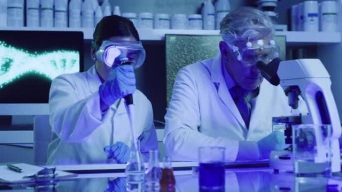 两名实验室科学家在紫外线实验室用培养皿和移液器测试酚酞的化学反应。认真的医生戴着防护眼镜，进行碱性存