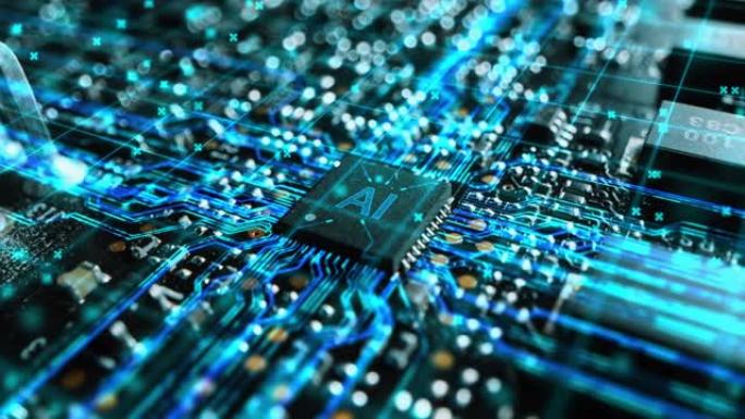 先进的高科技概念可视化电路板CPU处理器微芯片启动人工智能数字化数据处理。数字信息线