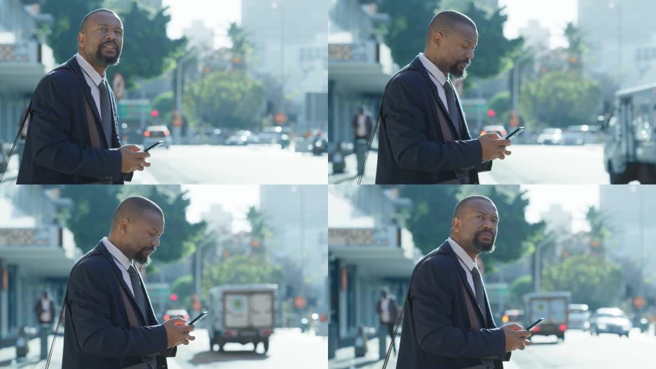 城市中迷路的黑人，用智能手机指导并在街上寻找出租车。在线地图，使用未来派数字gps技术和5g在线流媒